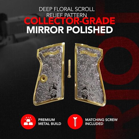 Custom Metal Grips for Walther PPK & PPK-S, Scroll Engraved Grip Panels with Polished Nickel Gold Finish, Precision Machined Metal Design, Collector-Grade Aesthetic, Matching Screw Included in Kuwait