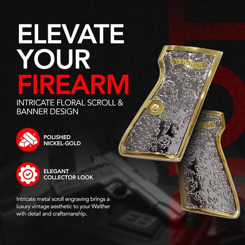 Custom Metal Grips for Walther PPK & PPK-S, Scroll Engraved Grip Panels with Polished Nickel Gold Finish, Precision Machined Metal Design, Collector-Grade Aesthetic, Matching Screw Included in Kuwait