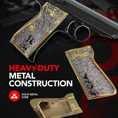 Custom Metal Grips for Walther PPK & PPK-S, Scroll Engraved Grip Panels with Polished Nickel Gold Finish, Precision Machined Metal Design, Collector-Grade Aesthetic, Matching Screw Included in Kuwait