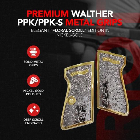 Custom Metal Grips for Walther PPK & PPK-S, Scroll Engraved Grip Panels with Polished Nickel Gold Finish, Precision Machined Metal Design, Collector-Grade Aesthetic, Matching Screw Included in Kuwait