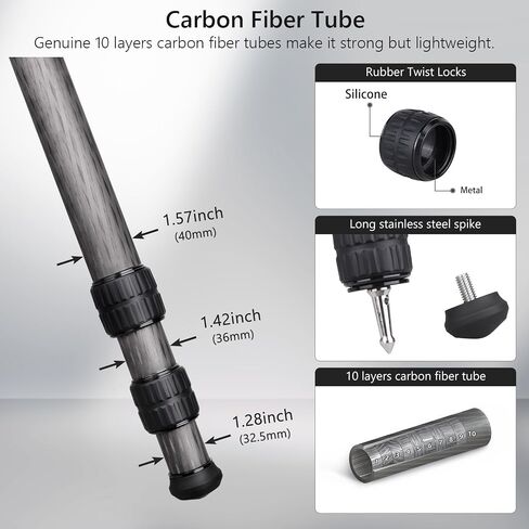 MK403 71.6'' Carbon Fiber Tripod for Hunting with Arca Swiss Quick-Release Mount, 360° Rotating 52mm Ball Head Adpter for Photography, Hunting and Outdoor, 40mm/1.57" Tube, Load 40kg/88lbs in Kuwait