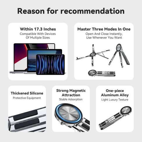 Portable Laptop Stand, Aluminum Foldable Adjustable Laptop Lifter with Magnetic Phone Stand, Compatible with 10-16 inch laptops, 4-13 inch Phones, and Tablets，(Grey) in Kuwait