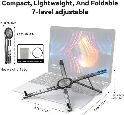 Portable Laptop Stand, Aluminum Foldable Adjustable Laptop Lifter with Magnetic Phone Stand, Compatible with 10-16 inch laptops, 4-13 inch Phones, and Tablets，(Grey) in Kuwait