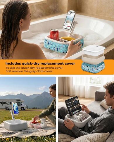 Viozon Kindle Stand Holder, Tablet Phone Holder, 2-in-1 EPP Foam Floating Bathtub Caddy with Detachable Snack Bowl, 360° Mount for Bed/Sofa, Compatible with iPad iPhone Kindle 4.7-13" Devices in Kuwait