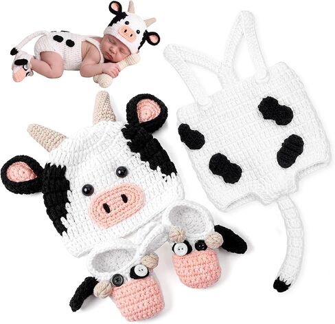 Highland Cow Theme Newborn Photography Costume Set Photography Prop House Newborn Crochet Birth Costume Set Knit Photo Shoot Apparel with Hat Diaper Cover and Booties in Kuwait