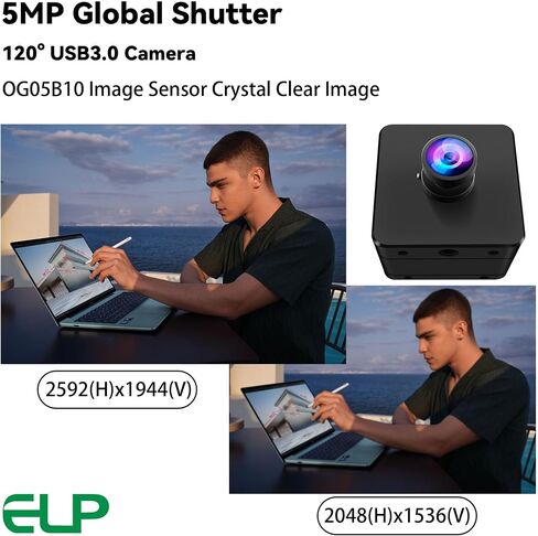 ELP 5mp 60fps Global Shutter USB3.0 Camera Wide Angle 120degree Webcam for Computer Mini UVC USB3.0/2.0 PC Camera for Laptop High Speed Lightburn Cameras for Windows, Linux, Mac, Pi, Jetson Nano in Kuwait