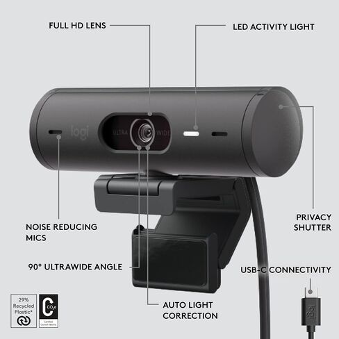 Logitech Brio 501 Full HD Webcam with Auto Light Correction,Show Mode, Dual Noise Reduction Mics, Privacy Cover, Works with Microsoft Teams, Google Meet, Zoom, USB-C Cable - Black in Kuwait