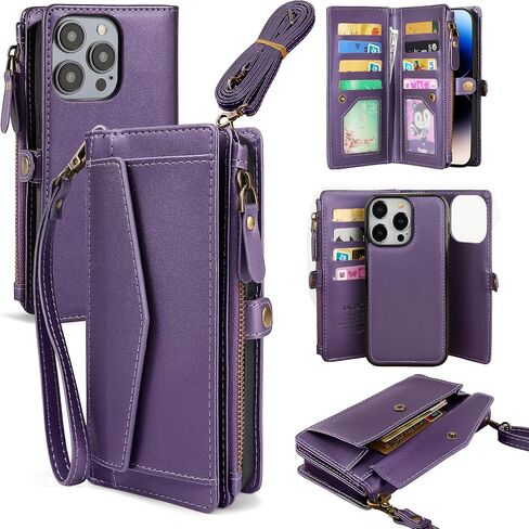 for iPhone 13 Pro Wallet Case for Women, Support Wireless Charging with RFID Blocking Card Holder, PU Leather Wallet Detachable Magnetic Phone Case Crossbody Strap, Purple in Kuwait