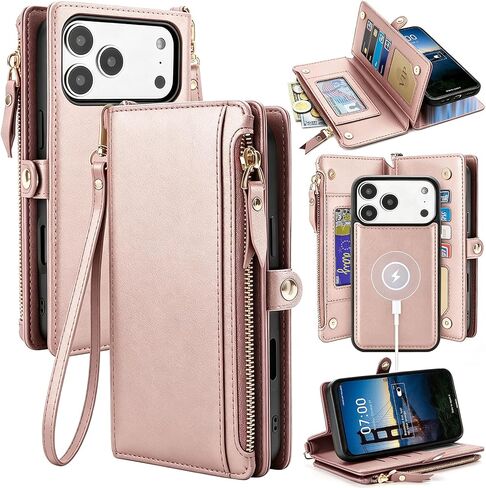 Compatible with MagSafe iPhone 17 Pro Max Wallet Case, 2 in 1 Detachable Magnetic Case with Zipper Card Holder, RFID Blocking PU Leather Phone Cover with Wrist Strap for Women Men, Rose Gold in Kuwait