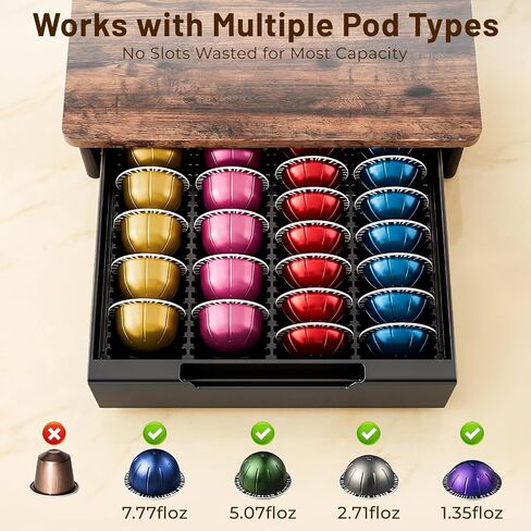 Coffee Pod Drawer Organizer for Nespresso Vertuo, Patented Flexible Slot Design Holds Up to 40 Large Capsules, Rustic Wood Look, Fits Under Coffee Machines in Kuwait