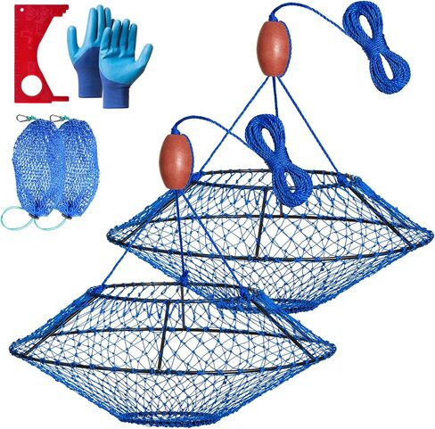 Heavy Duty Crab Ring Pot Trap kit, 24’’/32’’Hoop Portable Crab Net for Crabbing with Fishing Buoy, Gloves, 65' Extension Rope, Bait Bag, Gauge for Dungeness, Stone and Blue Crab, 1/2 Packs in Kuwait