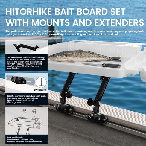 HITORHIKE Bait Board Set with 90 Degree Side Track Mounts & Extenders,White Fishing Cutting Board for Kayaks&Fishing Boats,Stable Fish Cleaning Table for Filleting, Bait Prep & Outdoor Cooking in Kuwait