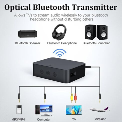 Optical Bluetooth 5.0 Transmitter Receiver for TV to Headphones with Volume Control, Low Latency Wireless Audio Adapter Support AUX/Coaxial/Optical Audio Inputs for TV/PC/Airplane, No Battery in Kuwait