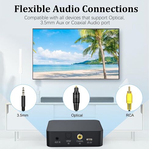 Optical Bluetooth 5.0 Transmitter Receiver for TV to Headphones with Volume Control, Low Latency Wireless Audio Adapter Support AUX/Coaxial/Optical Audio Inputs for TV/PC/Airplane, No Battery in Kuwait