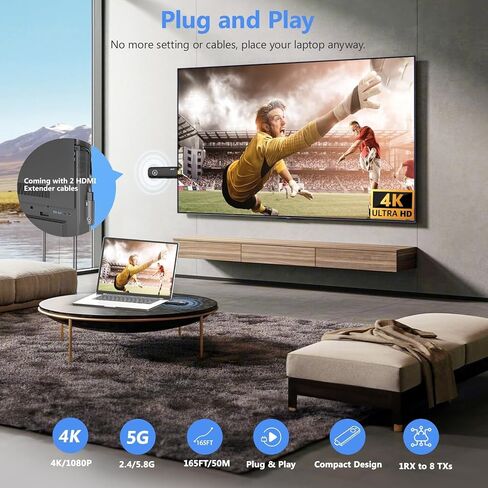 2026 Upgraded Wireless HDMI 4K Transmitter and Receiver 1080P HD, Portable Plug & Play Wireless HDMI Extender Kit for Casting Video Audio from Laptop/TV Box/Camera to Monitor/HDTV/Projector-328ft/100m in Kuwait
