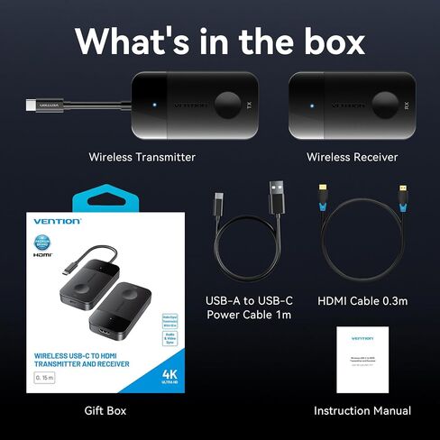 VENTION 4K Wireless HDMI Transmitter and Receiver, Type C with 60W Fast Charging,5G＆2.4G Wireless HDMI Extender 165FT/50M for Streaming Video from Laptop/Phone/Tablet to Monitor/Projector/TV in Kuwait