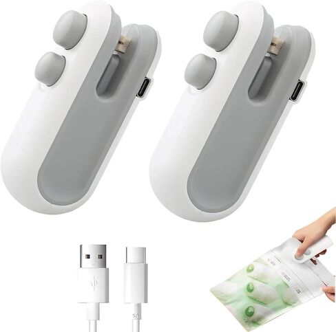 Mini Bag Sealer 2 Pack Bag Sealer with Cutter and Magnet 2 in 1 Mini Bag Resealer Machine Portable Handheld Rechargeable Heat Vacuum Food Sealer for Plastic Bags Snacks & Food Storage (2, white) in Kuwait