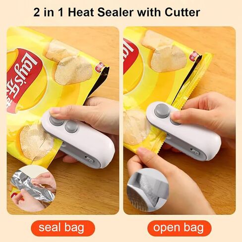 Mini Bag Sealer 2 Pack Bag Sealer with Cutter and Magnet 2 in 1 Mini Bag Resealer Machine Portable Handheld Rechargeable Heat Vacuum Food Sealer for Plastic Bags Snacks & Food Storage (2, white) in Kuwait