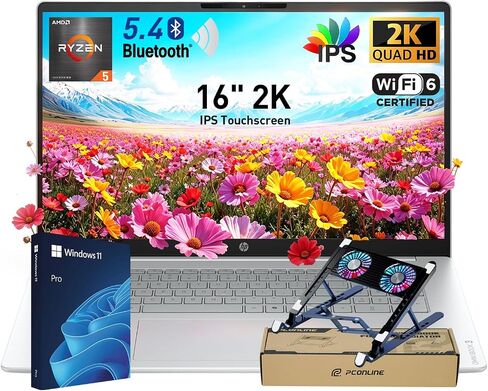 HP 2026 OmniBook 3 16" 2K IPS Touchscreen 300 nits Laptop, AMD Ryzen 5 40 CPU, 16GB RAM, 512GB SSD, Advanced AI Noise Reduction, Microsoft Copilot Key, Win11 Pro, w/Laptop Cooler, Glacier Silver in Kuwait