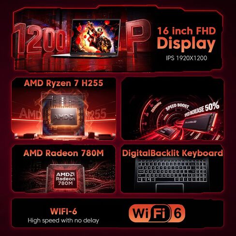 KAIGERR Gaming Laptop, 24GB DDR5 512GB NVMe SSD Laptop Computer with AMD Ryzen 7 H255(8C/16T, Up to 4.9GHz), 16.0 inch Windows 11 Laptop, Radeon RX Vega 8 Graphics,WiFi 6, Backlit KB in Kuwait