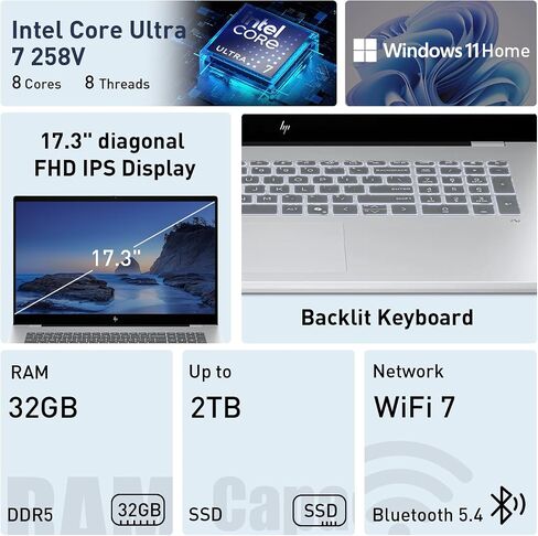 HP OmniBook 7 AI Touchscreen Laptop, 17.3" FHD IPS 400 nits Display, Intel Core Ultra 7 258V, NPU up to 47 Tops, 32GB + 1TB SSD, Wi-Fi 7, Backlit Keyboard, Thunderbolt 4, Windows 11 Home, Silver in Kuwait