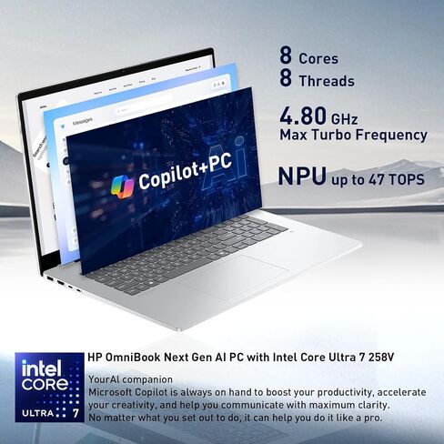 HP OmniBook 7 AI Touchscreen Laptop, 17.3" FHD IPS 400 nits Display, Intel Core Ultra 7 258V, NPU up to 47 Tops, 32GB + 1TB SSD, Wi-Fi 7, Backlit Keyboard, Thunderbolt 4, Windows 11 Home, Silver in Kuwait