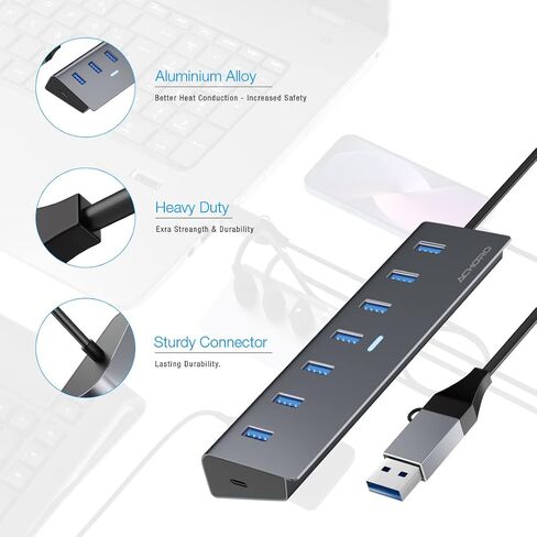ACHORO USB Hub 3.0, 7-Port Expander with USB C Adapter, Aluminum Alloy for MacBook Pro, iMac, PC and Desktop in Kuwait