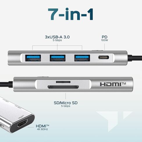Turonic BYL-2425 USB hub USB-C 7-in-1 with 100W PD, HDMI 4K@60Hz in Kuwait