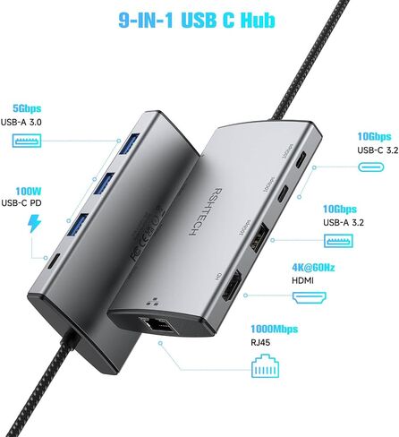 RSHTECH 9-in-1 USB C Hub Multiport Adapter 10Gbps with 4K HDMI, RSH-T09 in Kuwait