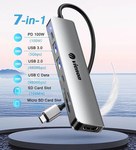 USB C Hub HDMI Adapter for Monitor, VIENON 7 in 1 USB C Docking Station with 4K HDMI, SD/TF Card Reader Compatible for MacBook Pro, XPS More Type C Devices in Kuwait