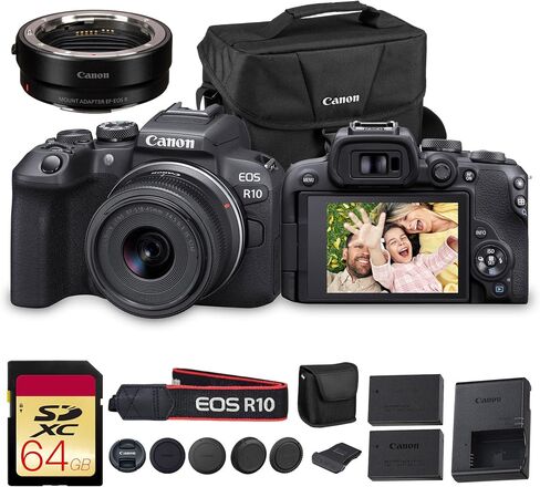 Canon EOS R10 Mirrorless Camera with RF-S 18-150mm Lens – 24.2MP APS-C Sensor, 4K 60p Video, Dual Pixel AF II, Compact Travel-Friendly Design (5331C016) + Adapter EF-EOS R + 64GB Card + More in Kuwait