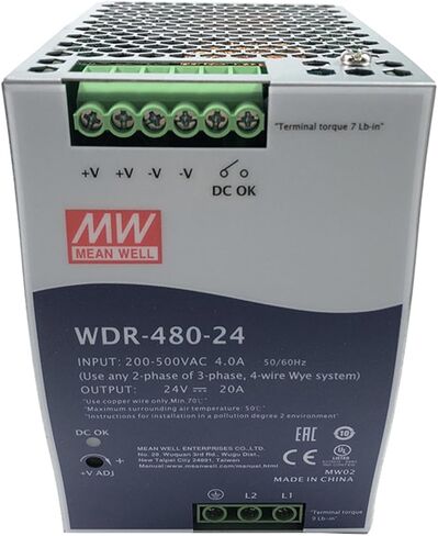 WDR-480-24 480W 24V 20A Heavy Duty DIN Rail Power Supply - Reliable Performance in Remote & Unstable Power Environments - 92% Efficiency, Wide Input Range 180-550VAC in Kuwait