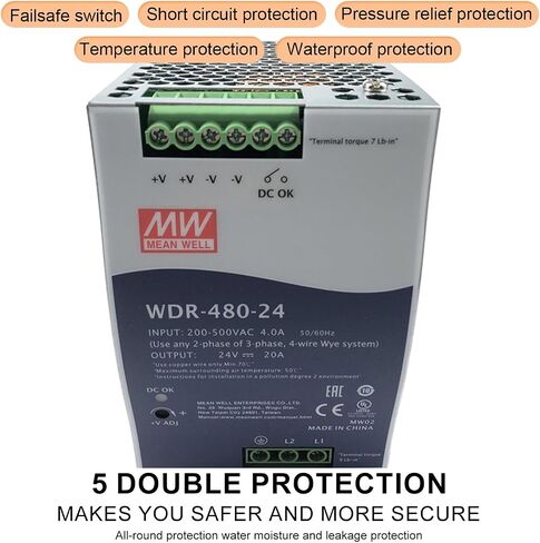 WDR-480-24 480W 24V 20A Heavy Duty DIN Rail Power Supply - Reliable Performance in Remote & Unstable Power Environments - 92% Efficiency, Wide Input Range 180-550VAC in Kuwait