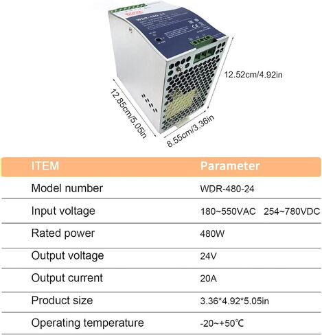 WDR-480-24 480W 24V 20A Heavy Duty DIN Rail Power Supply - Reliable Performance in Remote & Unstable Power Environments - 92% Efficiency, Wide Input Range 180-550VAC in Kuwait