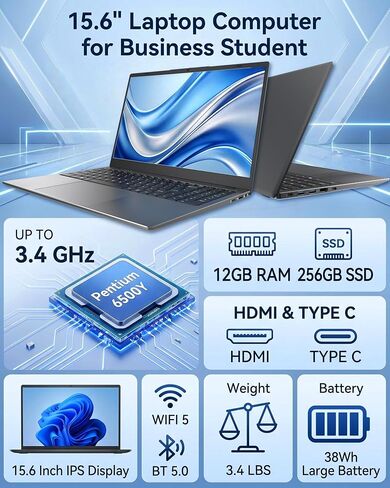 15.6 Inch Laptop Computer, 12GB RAM 256GB SSD, Pentium 6500Y in Kuwait