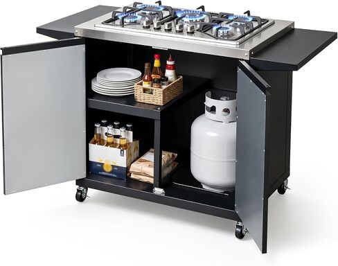 ROVSUN 5 Burner Propane Stove with Storage Cabinet & Side Shelves, Portable Outdoor Gas Burner with Auto-ignition, Regulator & Wheels for Backyard Kitchen Patio Cooking Brewing Frying in Kuwait