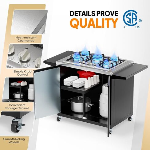 ROVSUN 5 Burner Propane Stove with Storage Cabinet & Side Shelves, Portable Outdoor Gas Burner with Auto-ignition, Regulator & Wheels for Backyard Kitchen Patio Cooking Brewing Frying in Kuwait