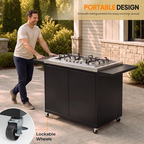 ROVSUN 5 Burner Propane Stove with Storage Cabinet & Side Shelves, Portable Outdoor Gas Burner with Auto-ignition, Regulator & Wheels for Backyard Kitchen Patio Cooking Brewing Frying in Kuwait