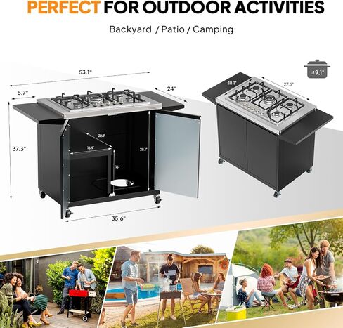 ROVSUN 5 Burner Propane Stove with Storage Cabinet & Side Shelves, Portable Outdoor Gas Burner with Auto-ignition, Regulator & Wheels for Backyard Kitchen Patio Cooking Brewing Frying in Kuwait