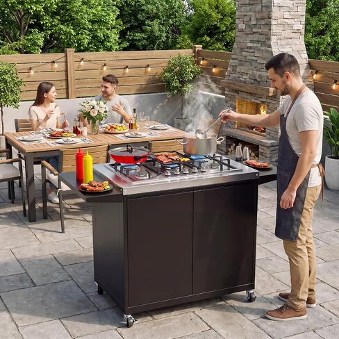 ROVSUN 5 Burner Propane Stove with Storage Cabinet & Side Shelves, Portable Outdoor Gas Burner with Auto-ignition, Regulator & Wheels for Backyard Kitchen Patio Cooking Brewing Frying in Kuwait