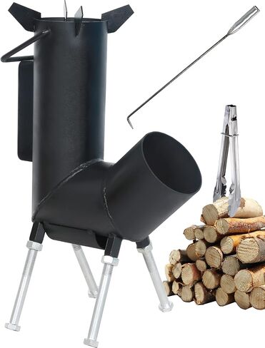 Rocket stove with handle, A portable wood burning camping stove with a fire poker & tongs. wood burning Rocket stove with Large Fuel Chamber Best for outdoor cooking. tent heater & emergency. in Kuwait