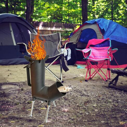 Rocket stove with handle, A portable wood burning camping stove with a fire poker & tongs. wood burning Rocket stove with Large Fuel Chamber Best for outdoor cooking. tent heater & emergency. in Kuwait