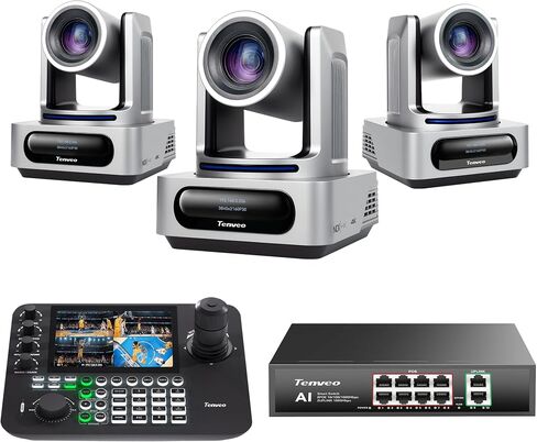 Tenveo PTZ Camera and Controller Bundle - 4K NDI 6 NDI HX3 PTZ Camera(3PCS) 20X Zoom AI HDMI/USB3.0/LAN(PoE) + 7'' Quad-Screen NDI Joystick Controller + PoE Switch Kit for Church Events Live Streaming in Kuwait