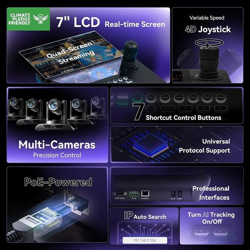 Tenveo PTZ Camera and Controller Bundle - 4K NDI 6 NDI HX3 PTZ Camera(3PCS) 20X Zoom AI HDMI/USB3.0/LAN(PoE) + 7'' Quad-Screen NDI Joystick Controller + PoE Switch Kit for Church Events Live Streaming in Kuwait