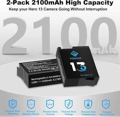 2‑Pack 2100mAh Batteries with Charger for GoPro Hero13 Black in Kuwait