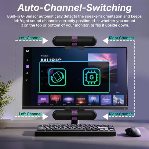 BESTISAN Computer Speaker, 2026 Upgraded with Auto L/R Swap (G-Sensor), Bluetooth 5.3/USB A/C Connection, 6 RGB Light Modes, Gaming Soundbar for PC/Laptop/Desktop, Clamps to Monitor, Easy Controls in Saudi Arabia