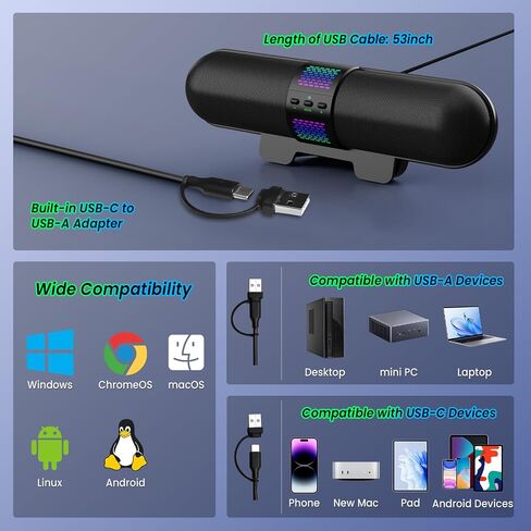 BESTISAN Computer Speaker, 2026 Upgraded with Auto L/R Swap (G-Sensor), Bluetooth 5.3/USB A/C Connection, 6 RGB Light Modes, Gaming Soundbar for PC/Laptop/Desktop, Clamps to Monitor, Easy Controls in Saudi Arabia