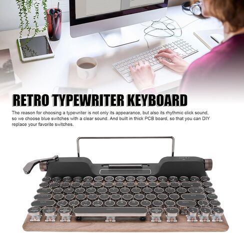 PUSOKEI Retro Typewriter Keyboard, Wireless Mechanical Gaming Keyboard, 84 Keys Bluetooth Vintage Keyboards with RGB Backlight, Punk Round Keycap, Blue Switches, for PC Phone in Saudi Arabia