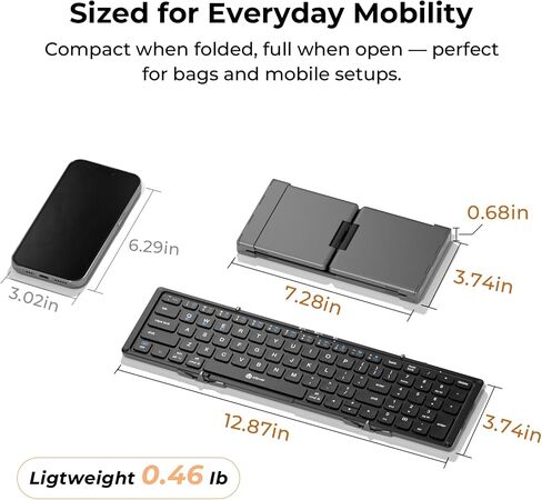 iClever Foldable Bluetooth Keyboard with Number Pad, BK09 Portable Compact Travel Keyboard, USB-C Rechargeable Wireless Folding Keyboard for iPad, iPhone, Android, Windows, Mac Laptop in Saudi Arabia