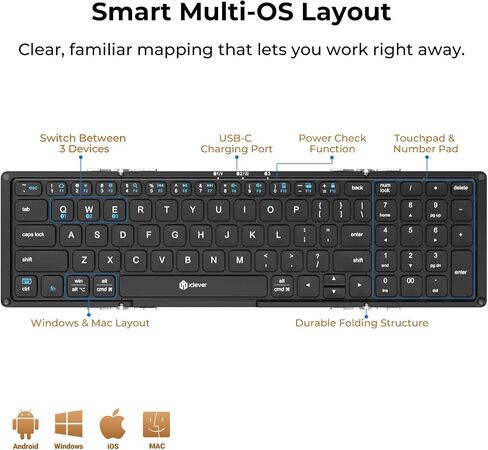iClever Foldable Bluetooth Keyboard with Number Pad, BK09 Portable Compact Travel Keyboard, USB-C Rechargeable Wireless Folding Keyboard for iPad, iPhone, Android, Windows, Mac Laptop in Saudi Arabia